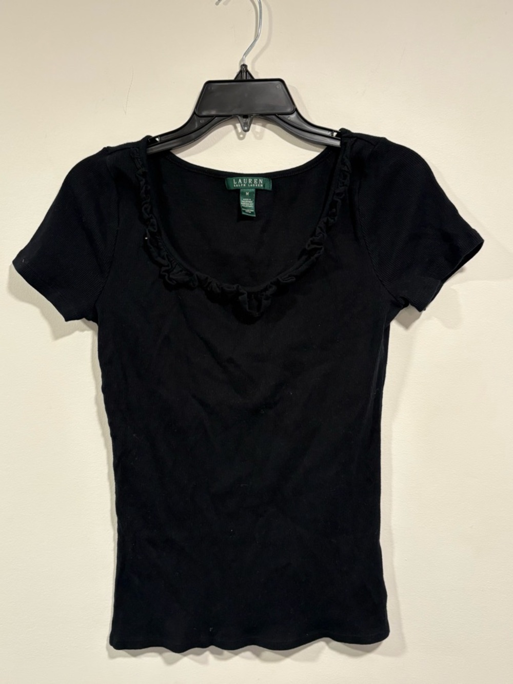 Lauren Ralph Lauren Frill Top Ribbed Short Sleeve Cotton T Shirt Size M